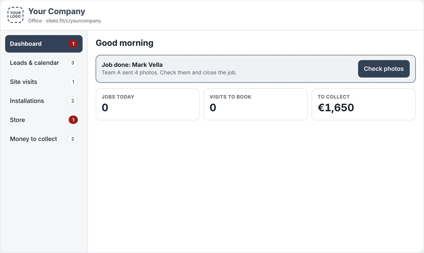 The demo's office dashboard with an alert for a finished job