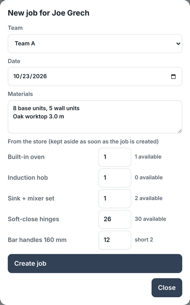 New job form with team, date, materials and items from the store