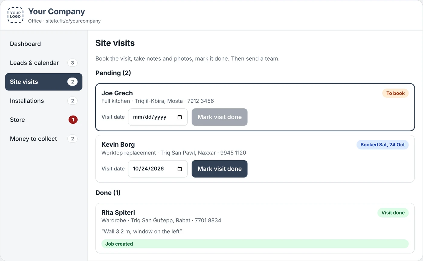 Site visits screen with pending and done visits